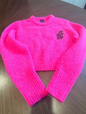 P.E Nation Neon Pink Fuzzy Cropped Crew Sweater